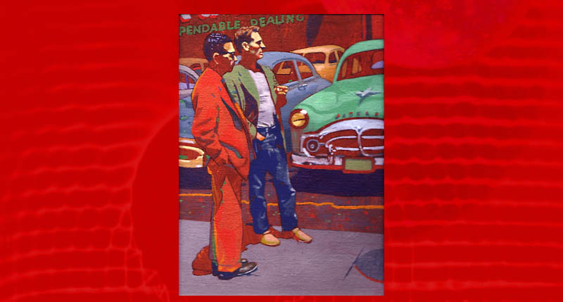 acrylic painting. Jack Kerouac's friend Neal Cassady shopping for a car